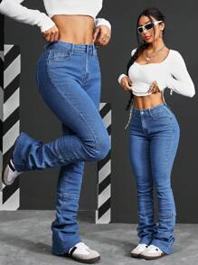 SHEIN PETITE 正面纽扣多口袋简约休闲牛仔裤 - 藍色 - 查看 3