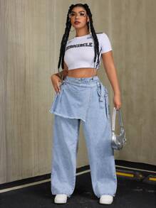 SHEIN ICON Plus Size Women's Wide Leg Loose Washed Baggy Jeans With Side Button Design - Light Wash - View 3