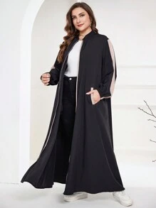 Al Najma Plus Size Contrast Color Patchwork Arabian Abaya,Black Summer Jamican Modest Vacation Long Sleeve Sporty Sweatshirt Style Front Zipper Closed Robe - Black - View 5
