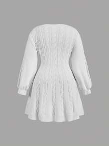 SHEIN MOD Plus Size Gathered Waist Lantern Sleeve Mini Short V-Neck Floral Knit Dress - White - View 2