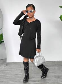 Dziewczęcy sportowy, swobodny, dzianinowy, długi kardigan z długim rękawem i sukienka typu pinafore, 2 sztuki, zestaw