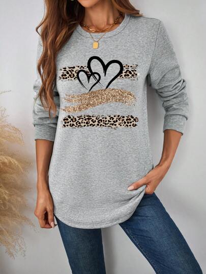 EMERY ROSE Women's Casual Heart & Leopard Print Sparkle Graphic Crewneck Sweatshirt, Autumn/Winter,Long Sleeve Tops,Casual