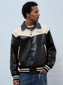 Manfinity VCAY Men's Embroidery Loose Collar Long Sleeve Woven Jacket, For Fall Winter - Black - View 5