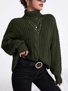 RueChic Cable Knit Turtleneck Drop Shoulder Jumper - Army Green - View 3