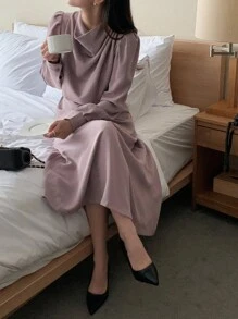 DAZY Vestido de mujer de unicolor con cintura ceñida y hombros caídos, ropa de mujer de otoño