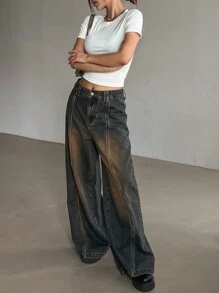 DAZY 女式做旧宽松直筒牛仔裤、宽松牛仔裤 - 藍色 - 查看 2