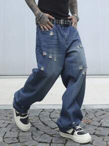 Manfinity EMRG Pantalones vaqueros rectos sueltos de mezclilla casual y versátil con bolsillos desgastados para hombres - Azul - Ver 7