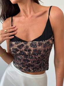 Aloruh Top de tirantes con contraste de color y lentejuelas de leopardo sexy nueva para mujer - Marrón - Ver 6