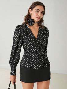 Enchnt 女式 V 领花卉印花泡泡袖优雅衬衫，适合春夏季 - 黑色 - 查看 2