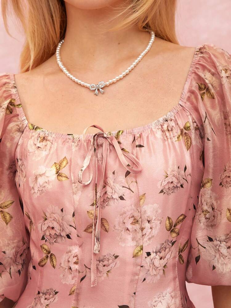 Women's Floral Print Front Tie Puff Sleeve Long Elegant Dress