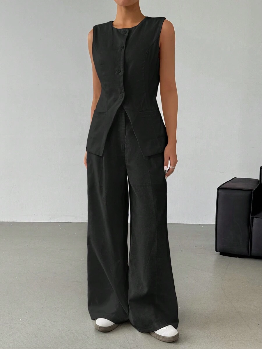 SHEIN EZwear 2 件套女士夏季休闲亚麻背心和裤子套装 - 黑色 - 查看 1