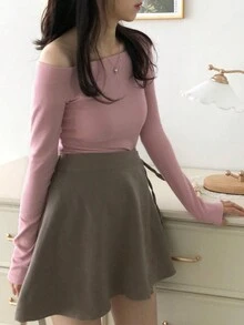 DAZY Women Solid Color Off-Shoulder Long Sleeve T-Shirt - Grey - View 9