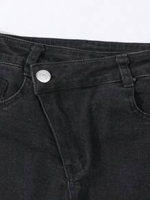 SHEIN Tween Girls Diagonal Waistline Ripped Distressed Flared Black Denim Jeans - Black - View 8