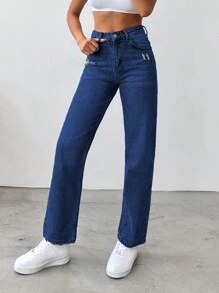 Cottnline 100% Cotton Women High/Mid-Rise Straight Leg Distressed Vintage Color Jeans - Medium Wash - View 5