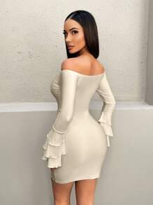 VaVaBold Women's Solid Color Off Shoulder Flare Sleeve Fitted Elegant Mini Dress, Spring And Summer