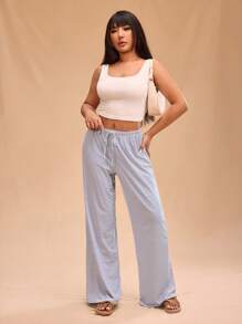 Forever 21 大码女式休闲百搭宽松松紧腰条纹针织裤 - 藍白色 - 查看 5