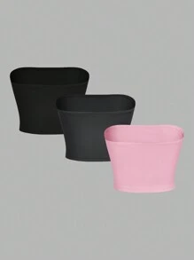 SHEIN EZwear 3 件套黑色、粉色和灰色女士抹胸短款上衣，适合夏季 - 彩色 - 查看 2