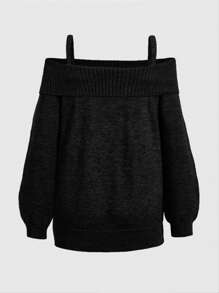 ROMWE 女式纯色长袖宽松休闲毛衣，秋冬 - 黑色 - 查看 3