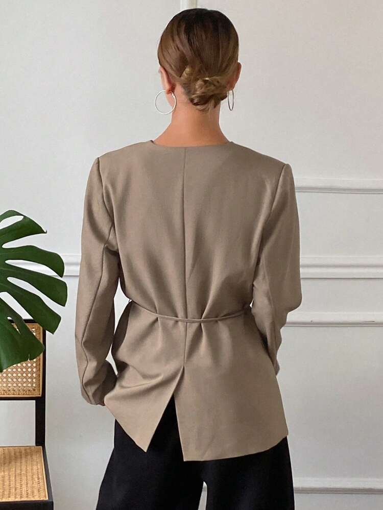 Women's Loose Pocket Lapel Long Sleeve Belted Blazer Jacket,Fall Women Clothes Business Attire