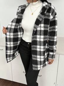 SHEIN Essnce 黑白格子连帽蓬松宽松夹克、女式短外套、泰迪大衣、冬季女装、秋季女装、格子夹克 - 黑與白 - 查看 6