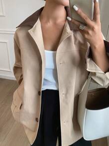 Livesso Color Block Long Sleeve Pocket Design Loose Fit Longer Jacket For Women,Fall Women Clothes Women Coats - Khaki - View 5