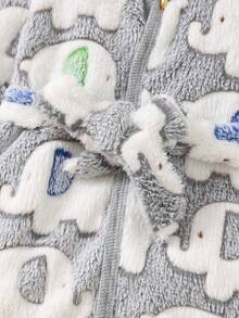 SHEIN 新生男婴可爱卡通大象印花连帽长袖羊毛长袍，秋冬季保暖 - 灰色 - 查看 5