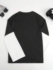 女士复古朋克摇滚闪电印花拼布长袖休闲二合一运动衫 - 黑與白 - 查看 2