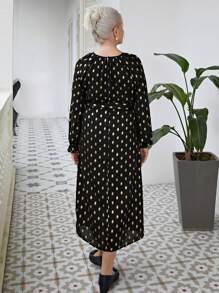 SHEIN LUNE 商务休闲女装女装女士休闲烫金印花中长连衣裙，春秋季 - 黑色 - 查看 2