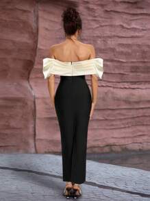 拼色扭纹露肩长款紧身礼服，优雅晚会礼服，适合婚礼嘉宾、毕业典礼、晚宴派对礼服 - 黑與白 - 查看 2