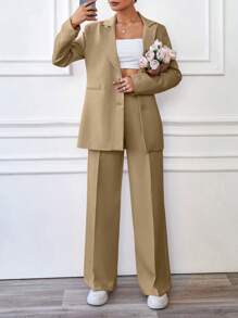 SHEIN Cottnline Solid Color Oversize Suit Set - Jacket & Pants - Mocha Brown - View 1