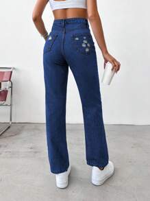 Cottnline 100% Cotton Women High/Mid-Rise Straight Leg Distressed Vintage Color Jeans - Medium Wash - View 2