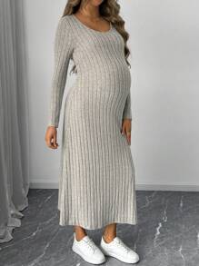 SHEIN Maternity Solid Color Round Neck Long Sleeve Simple Long Casual Dress