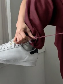 DAZY 女士时尚松紧腰休闲宽松纯色长裤，宽松裤 - 酒紅色 - 查看 4