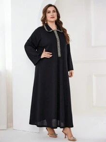 Modelyn Vestido casual de talla grande con parches y tela elástica - Negro - Ver 4