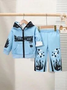 SHEIN 2pcs/Set Baby Boy Street Fashion Letter & Flame Print Hooded Jacket And Pants Outfit, Fall And Winter - Blue - View 1