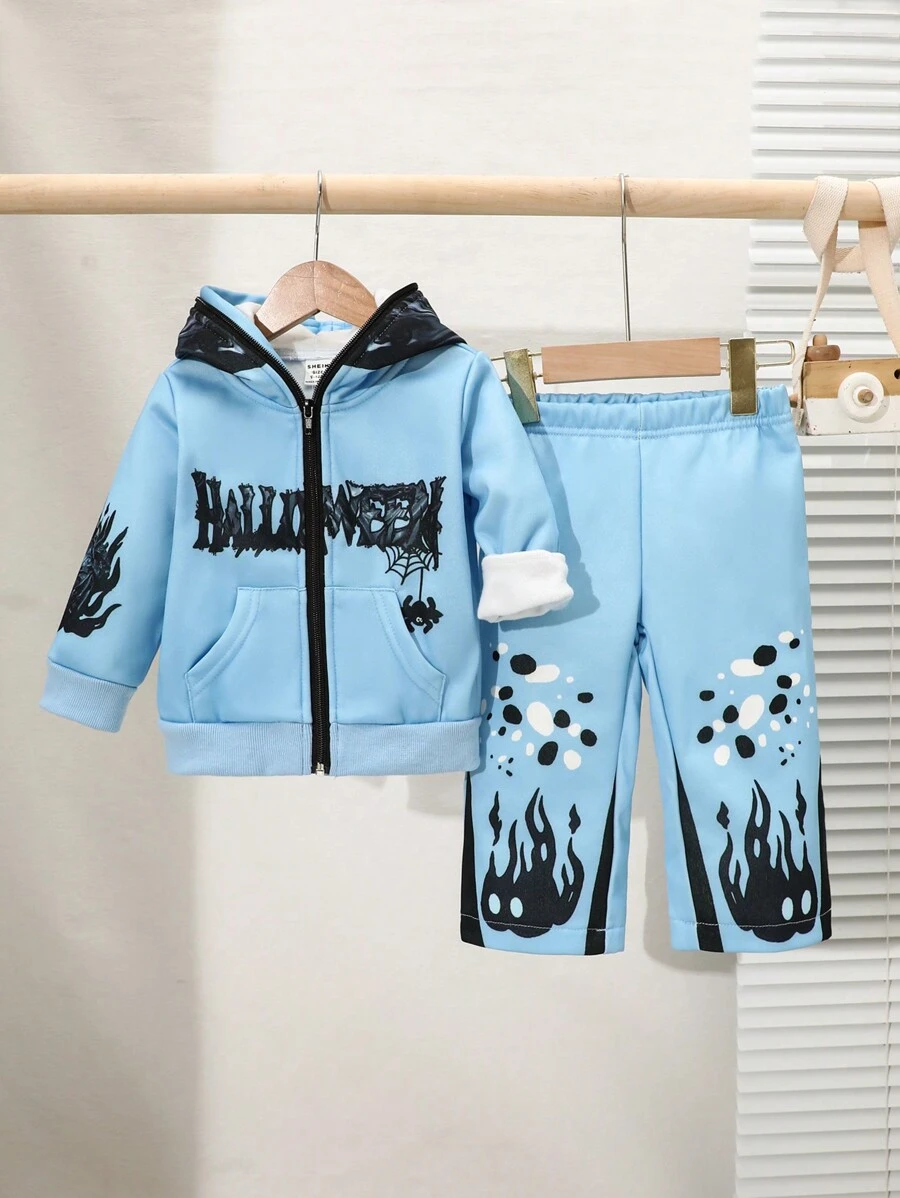 SHEIN 2pcs/Set Baby Boy Street Fashion Letter & Flame Print Hooded Jacket And Pants Outfit, Fall And Winter - Blue - View 1
