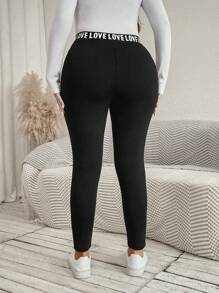 SHEIN LUNE سروال حرارية مبطن مطبوع عليه رسائل للمقاسات الكبيرة، ملابس رياضة في الخريف والشتاء، ملابس مطار للنساء، ملابس خريفية - الأسود - مشاهدة 3