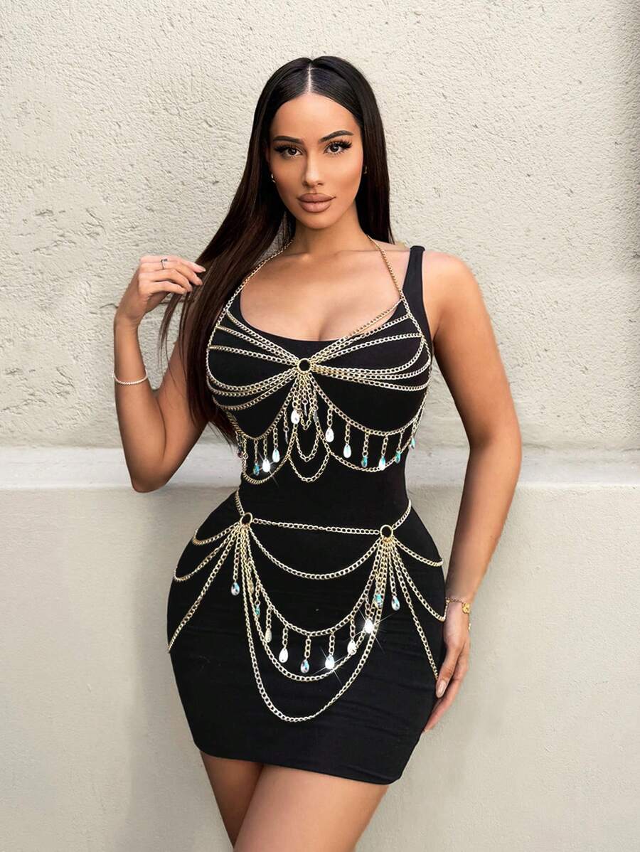 Zolique 2 件套女士夏季时尚链条装饰吊带上衣和迷你裙套装 - 金色 - 查看 1