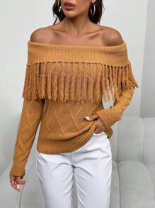 SHEIN LUNE كنزة صوفية محبوكة بشراشيب على الكتف للنساء