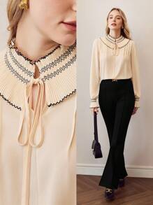 MOTF TIE NECK CONTRAST STITCH SHIRRED PANEL FLOUNCE SLEEVE BLOUSE - Apricot - View 10