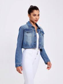 Women's Spring And Autumn Long Sleeve Single-Breasted Distressed Casual Short Denim Top - Blue - View 6