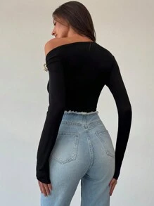 Aloruh 1 pezzo Body a maniche lunghe nero alla moda da donna con decorazioni in metallo ritorto