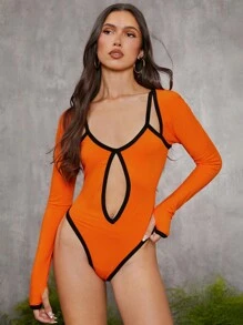 evoluSHEIN X Anitta VICTOR VON SCHWARZ Designer Contrasted Binding Cut-Outs Thumb Hole Long Sleeve Bodysuit, Holiday, Thanksgiving, Spring & Summer, Festival