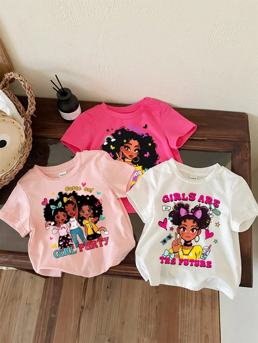 SHEIN Leap Crew Bộ đồ dễ thương cho bé gái/ bạn thân, áo cổ tròn tay ngắn đơn giản tối giản thường ngày cho bé gái, phù hợp cho mùa hè, chứa cotton - Nhiều màu - Xem 1