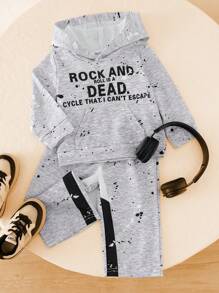 Baby Boys Grey Autumn Street Life Casual Graphic Street Fashion City Break Back-To-School Splatter Print Slogan Hoodie And Pants Outfit Set - Multicolor - View 1