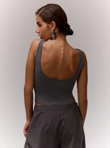 MUSERA Square Neck Thong Tank Bodysuit Casual Summer Vacation  Evening Spring - Grey - View 2