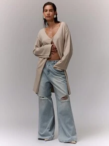 MUSERA Knit Long Sleeve Long Cardigan Only Chic - Khaki - View 1