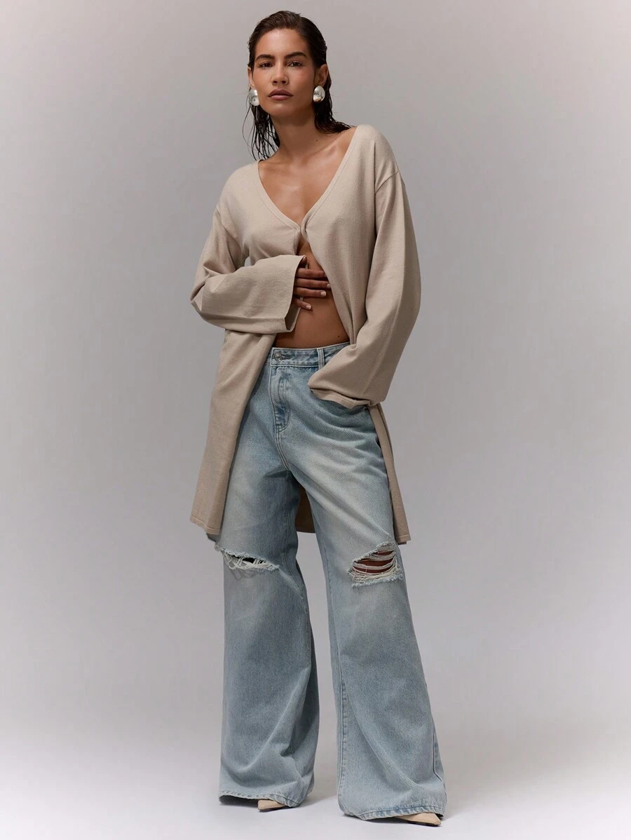 MUSERA Knit Long Sleeve Long Cardigan Only Chic - Khaki - View 1