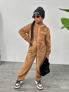 Slaydiva Tween Girl 休闲纯色刺绣连帽连体裤，保暖内衬，加厚 - 棕色 - 查看 3