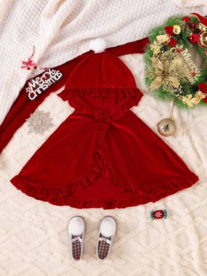 SHEIN Baby Girl New Velvet Short Cape Cloak With Ruffle Edge And Hood, Christmas Red, Christmas Dress For Girls, Red Christmas Cape For Girls